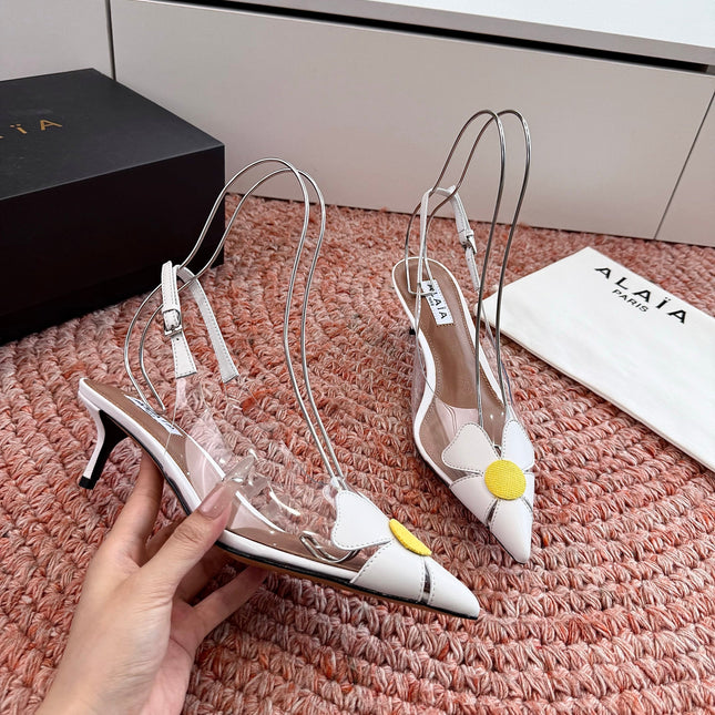 ALAIA 26S SLINGBACK HEELS IN WHITE LAMBSKIN AND TRANSPARENT PVC