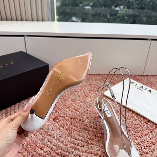 ALAIA 26S SLINGBACK HEELS IN WHITE LAMBSKIN AND TRANSPARENT PVC