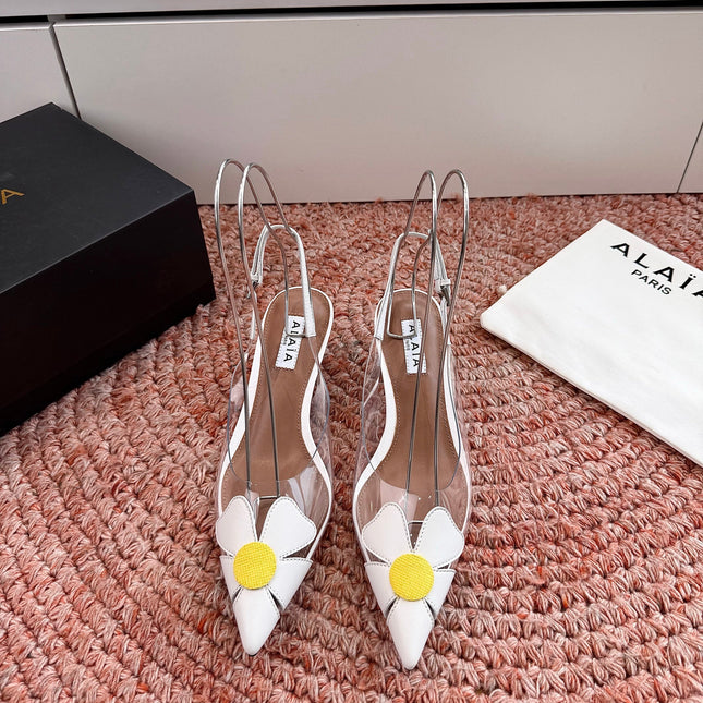 ALAIA 26S SLINGBACK HEELS IN WHITE LAMBSKIN AND TRANSPARENT PVC