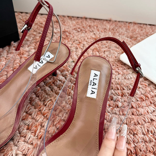 ALAIA 26S SLINGBACK HEELS IN DARK RED LAMBSKIN AND TRANSPARENT PVC