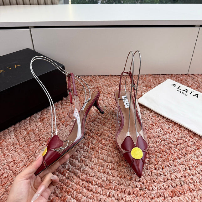 ALAIA 26S SLINGBACK HEELS IN DARK RED LAMBSKIN AND TRANSPARENT PVC