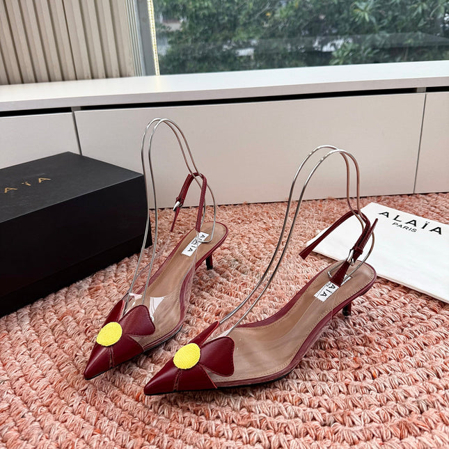 ALAIA 26S SLINGBACK HEELS IN DARK RED LAMBSKIN AND TRANSPARENT PVC