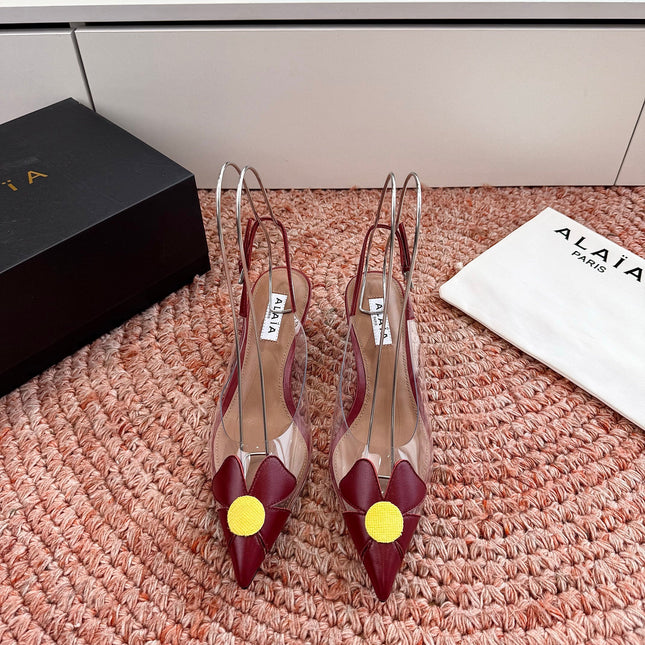 ALAIA 26S SLINGBACK HEELS IN DARK RED LAMBSKIN AND TRANSPARENT PVC