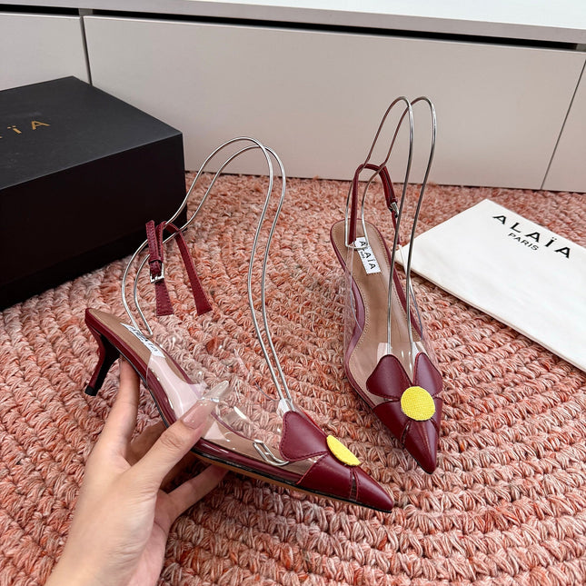 ALAIA 26S SLINGBACK HEELS IN DARK RED LAMBSKIN AND TRANSPARENT PVC