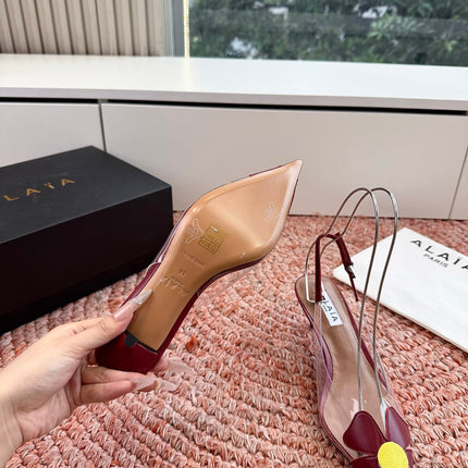 ALAIA 26S SLINGBACK HEELS IN DARK RED LAMBSKIN AND TRANSPARENT PVC