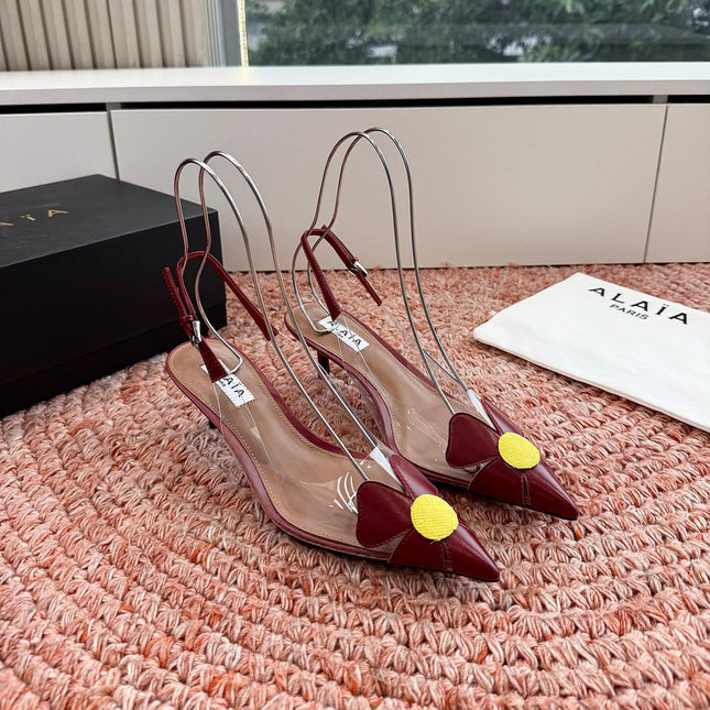 ALAIA 26S SLINGBACK HEELS IN DARK RED LAMBSKIN AND TRANSPARENT PVC