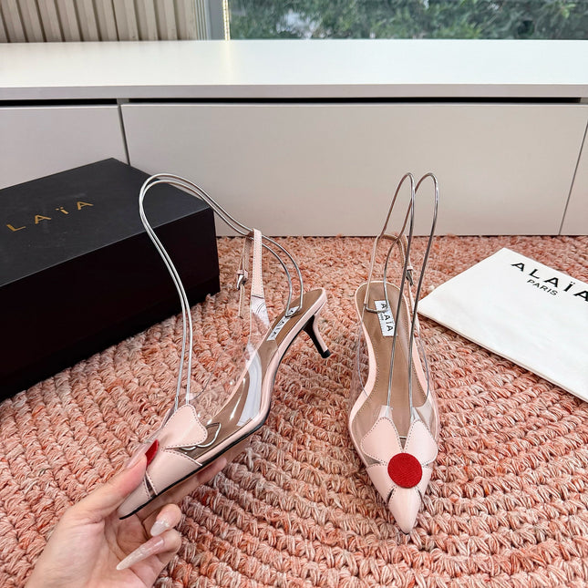 ALAIA 26S SLINGBACK HEELS IN NUDE PINK LAMBSKIN AND TRANSPARENT PVC