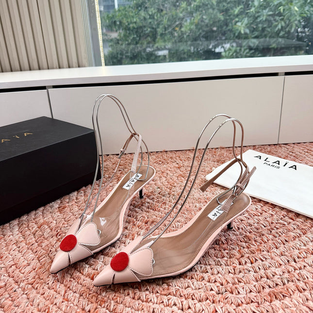 ALAIA 26S SLINGBACK HEELS IN NUDE PINK LAMBSKIN AND TRANSPARENT PVC