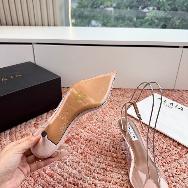 ALAIA 26S SLINGBACK HEELS IN NUDE PINK LAMBSKIN AND TRANSPARENT PVC