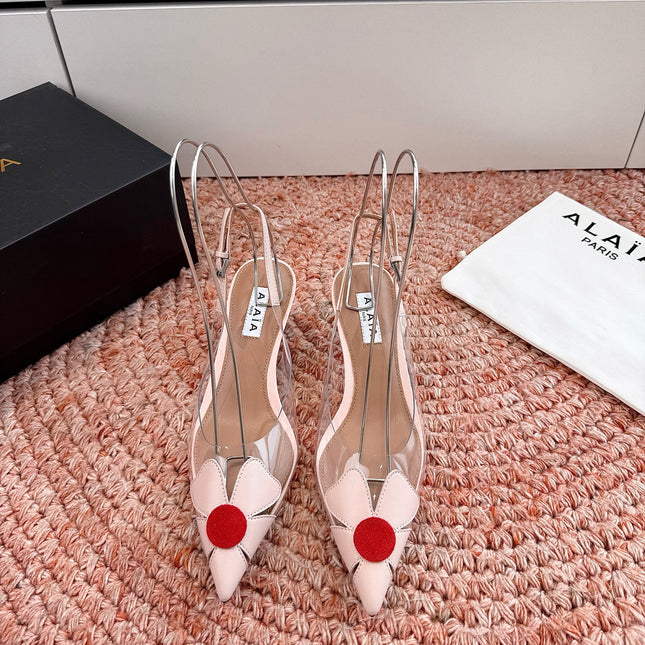 ALAIA 26S SLINGBACK HEELS IN NUDE PINK LAMBSKIN AND TRANSPARENT PVC