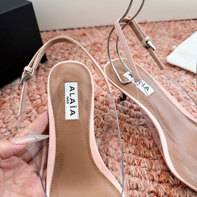 ALAIA 26S SLINGBACK HEELS IN NUDE PINK LAMBSKIN AND TRANSPARENT PVC