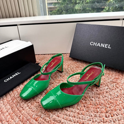 CHANEL 26S SQUARE TOE HIGH HEELS SLINGBACKS IN GREEN CALFSKIN