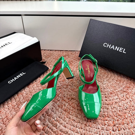 CHANEL 26S SQUARE TOE HIGH HEELS SLINGBACKS IN GREEN CALFSKIN