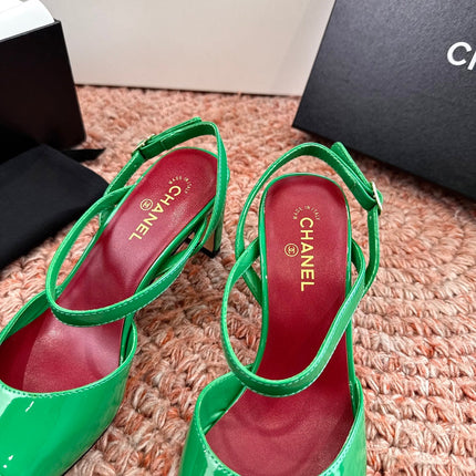 CHANEL 26S SQUARE TOE HIGH HEELS SLINGBACKS IN GREEN CALFSKIN