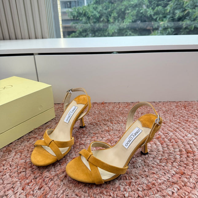 JIMMY CHOO 26S CROSS-STRAP HIGH-HEEL SANDALS IN MUSTARD YELLOW SUEDE