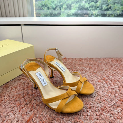 JIMMY CHOO 26S CROSS-STRAP HIGH-HEEL SANDALS IN MUSTARD YELLOW SUEDE