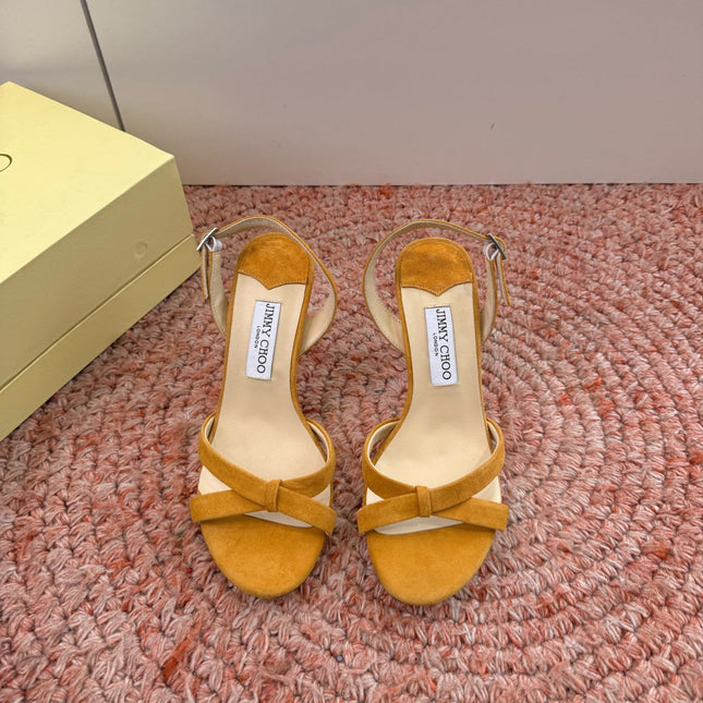 JIMMY CHOO 26S CROSS-STRAP HIGH-HEEL SANDALS IN MUSTARD YELLOW SUEDE