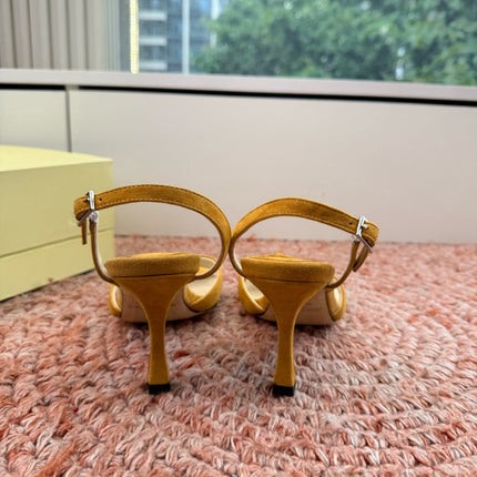 JIMMY CHOO 26S CROSS-STRAP HIGH-HEEL SANDALS IN MUSTARD YELLOW SUEDE