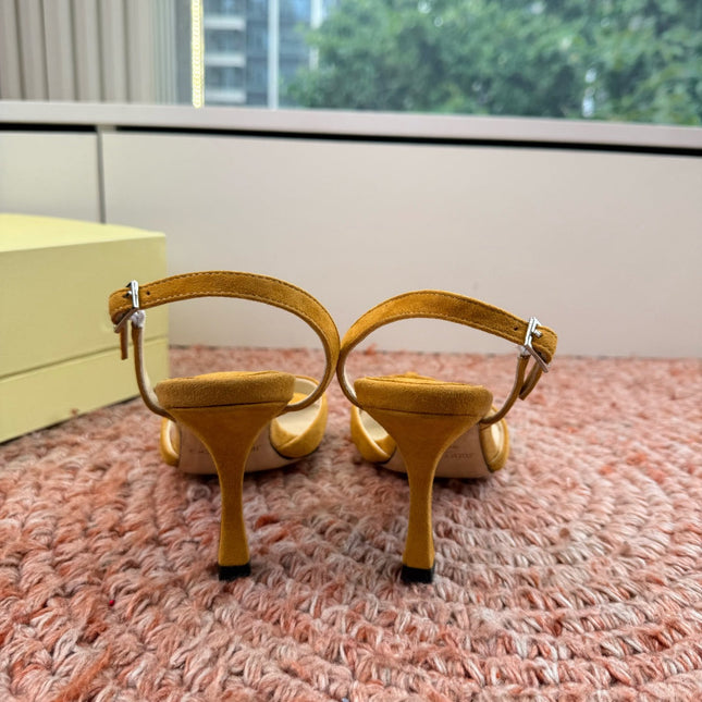 JIMMY CHOO 26S CROSS-STRAP HIGH-HEEL SANDALS IN MUSTARD YELLOW SUEDE