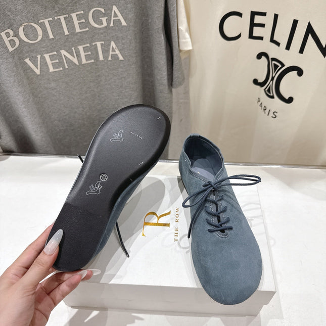 THE ROW 26S MINIMAL LACE-UP SHOES IN SLATE BLUE SUEDE