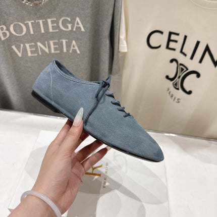 THE ROW 26S MINIMAL LACE-UP SHOES IN SLATE BLUE SUEDE
