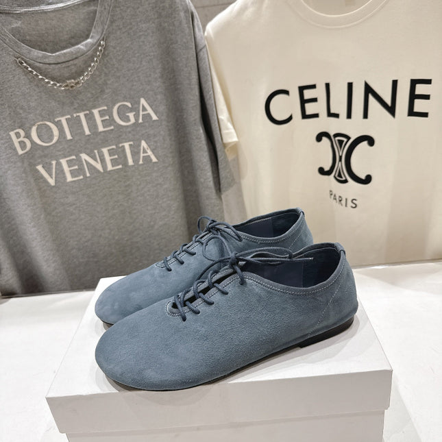 THE ROW 26S MINIMAL LACE-UP SHOES IN SLATE BLUE SUEDE