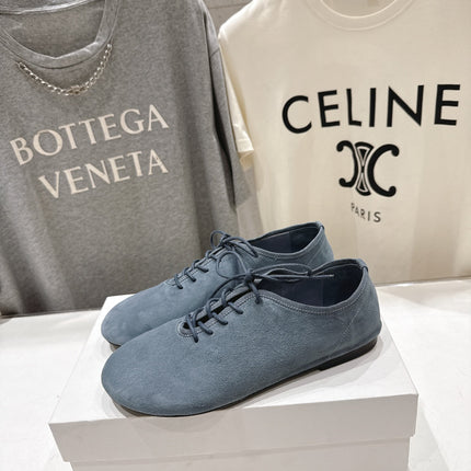 THE ROW 26S MINIMAL LACE-UP SHOES IN SLATE BLUE SUEDE