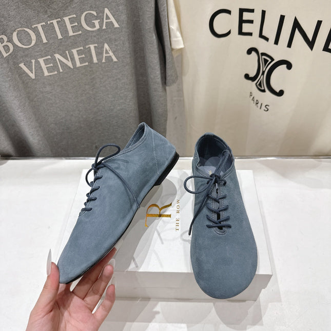 THE ROW 26S MINIMAL LACE-UP SHOES IN SLATE BLUE SUEDE