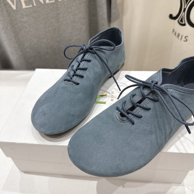 THE ROW 26S MINIMAL LACE-UP SHOES IN SLATE BLUE SUEDE