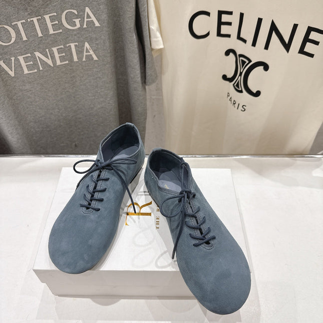 THE ROW 26S MINIMAL LACE-UP SHOES IN SLATE BLUE SUEDE