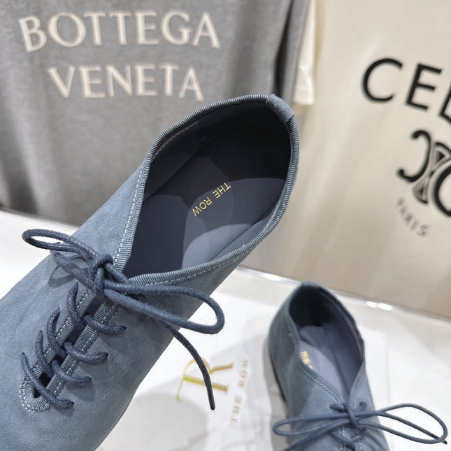 THE ROW 26S MINIMAL LACE-UP SHOES IN SLATE BLUE SUEDE