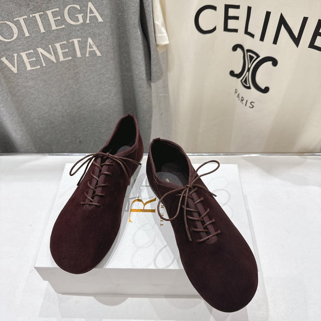 THE ROW 26S MINIMAL LACE-UP SHOES IN DARK BROWN SUEDE