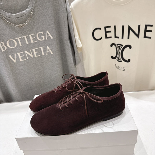 THE ROW 26S MINIMAL LACE-UP SHOES IN DARK BROWN SUEDE