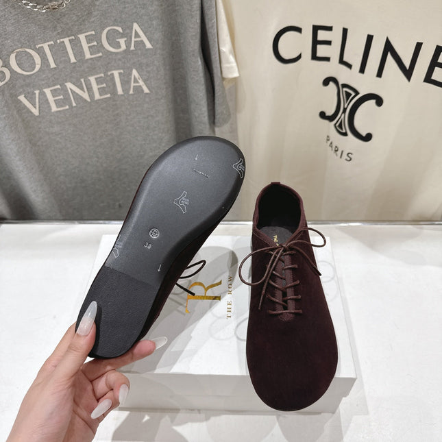 THE ROW 26S MINIMAL LACE-UP SHOES IN DARK BROWN SUEDE