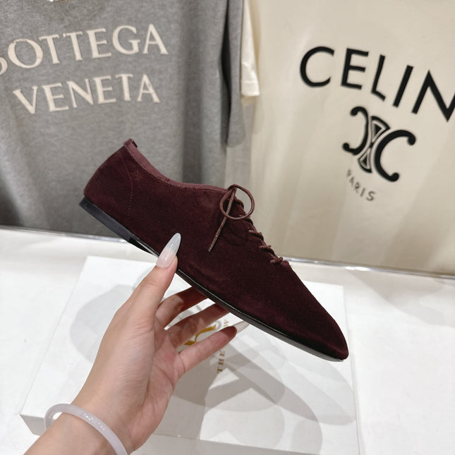 THE ROW 26S MINIMAL LACE-UP SHOES IN DARK BROWN SUEDE
