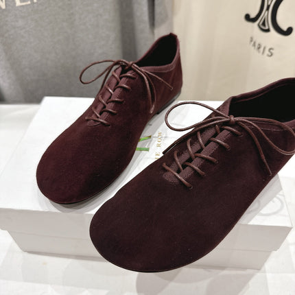 THE ROW 26S MINIMAL LACE-UP SHOES IN DARK BROWN SUEDE