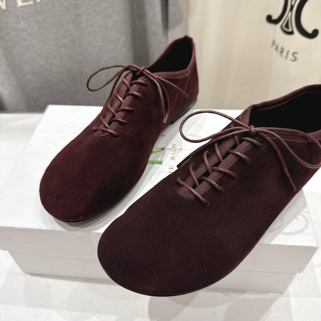 THE ROW 26S MINIMAL LACE-UP SHOES IN DARK BROWN SUEDE