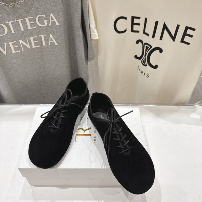 THE ROW 26S MINIMAL LACE-UP SHOES IN BLACK SUEDE