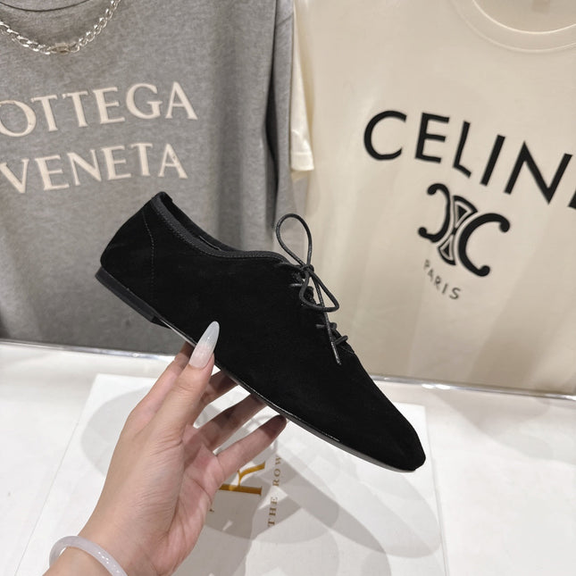 THE ROW 26S MINIMAL LACE-UP SHOES IN BLACK SUEDE