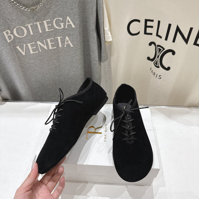 THE ROW 26S MINIMAL LACE-UP SHOES IN BLACK SUEDE