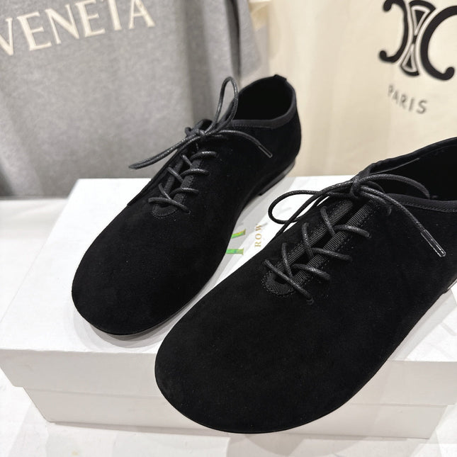 THE ROW 26S MINIMAL LACE-UP SHOES IN BLACK SUEDE