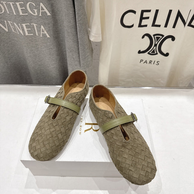 THE ROW 26S MARY JANE FLATS IN OLIVE BROWN SUEDE