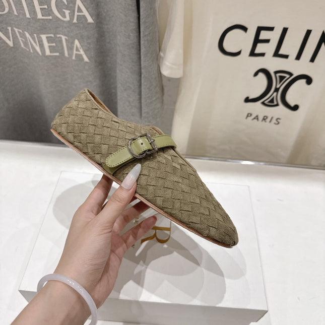 THE ROW 26S MARY JANE FLATS IN OLIVE BROWN SUEDE