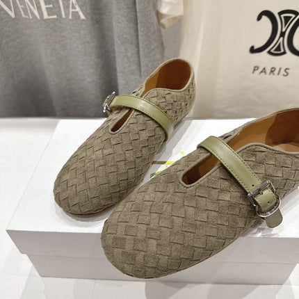 THE ROW 26S MARY JANE FLATS IN OLIVE BROWN SUEDE
