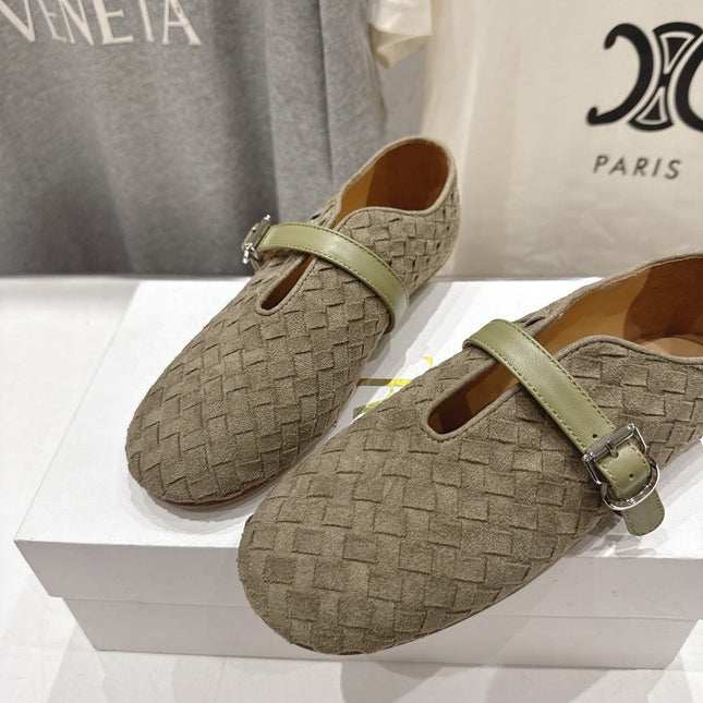 THE ROW 26S MARY JANE FLATS IN OLIVE BROWN SUEDE