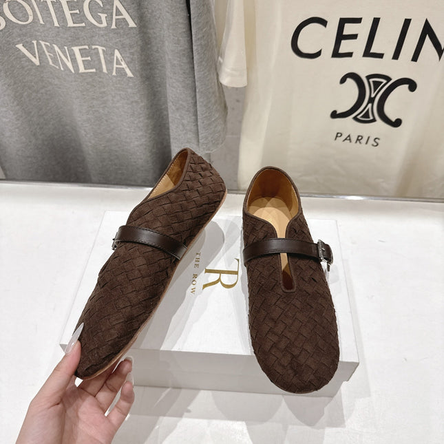 THE ROW 26S MARY JANE FLATS IN CHOCOLATE BROWN SUEDE