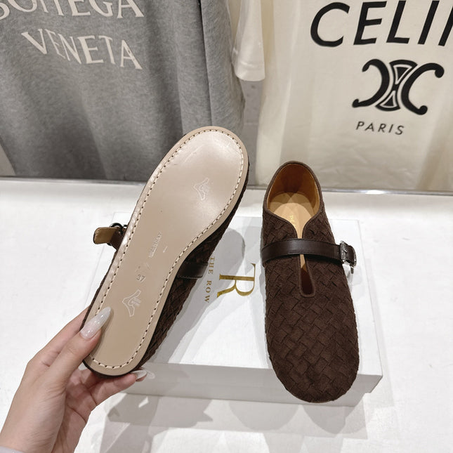 THE ROW 26S MARY JANE FLATS IN CHOCOLATE BROWN SUEDE