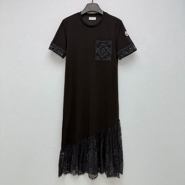 MONCLER 26S SHORT-SLEEVE LACE HEM MIDI DRESS 682