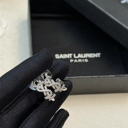 YSL 26S CRYSTAL LOGO HOOP EARRINGS IN SILVER TONE METAL 629139