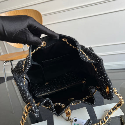 CHANEL 25S HOBO BAG 40 IN BLACK TWEED WITH GOLD HARDWARE